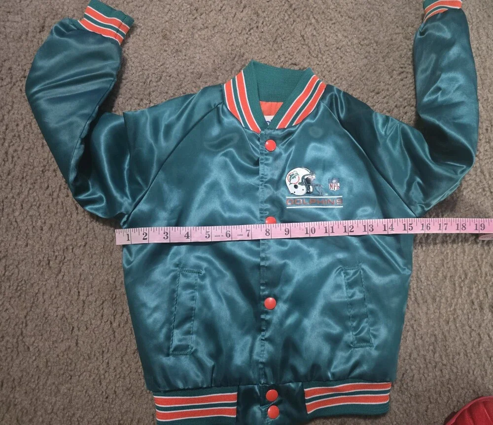 VTG 90s NFL MIAMI DOLPHINS CHALK LINE SATIN JACKET BOMBER SPELLOUT KIDS SZ 6/7